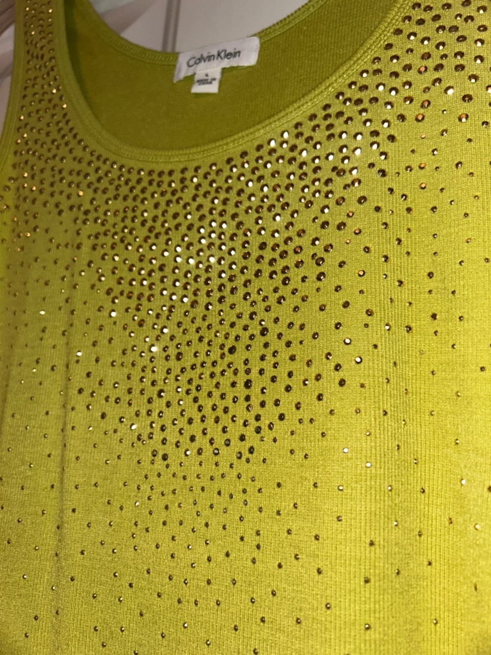 Calvin Klein Embellished Tank Top L Green Sleeveless Studded Glam Staple Stretch - Picture 3 of 8